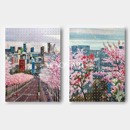 Cherry Blossom Cityscape Wall Art Set 2 Piece Modern Urban Canvas Painting for Home