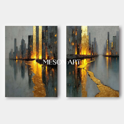 Modern Gold Abstract Wall Art Set of 2 Grey City Skyline Textured Canvas Paintings