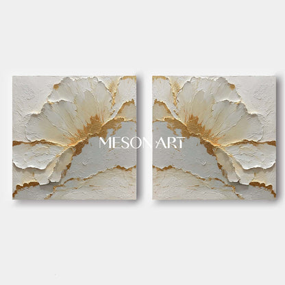 Large Gold and White Plaster Canvas Wall Art Set of 2 Textured Flower Paintings for Modern Decor