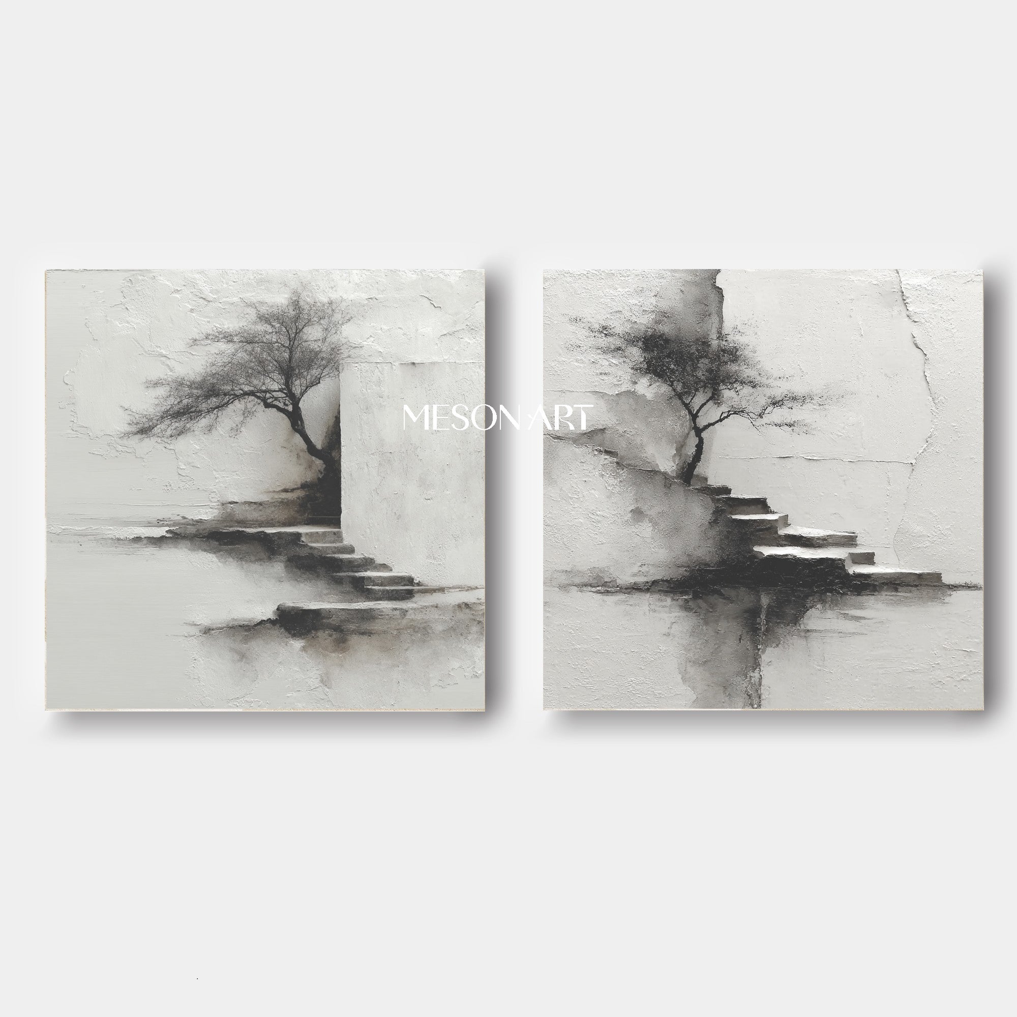 Modern ink landscape painting 2-piece set black and white wabi-sabi art landscape Japanese painting