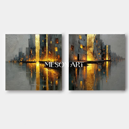 Large Abstract Gold and Grey Cityscape Wall Art Set of 2 Modern Textured Canvas Paintings