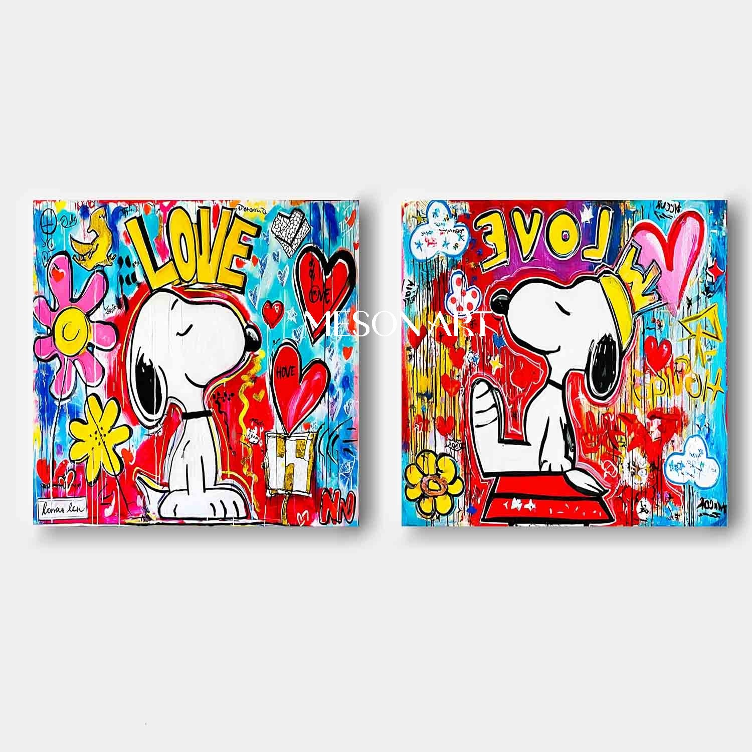 LOVE Graffiti Abstract Art 2-Piece Set Snoopy Pop Art Snoopy and LOVE Wall Art Decoration
