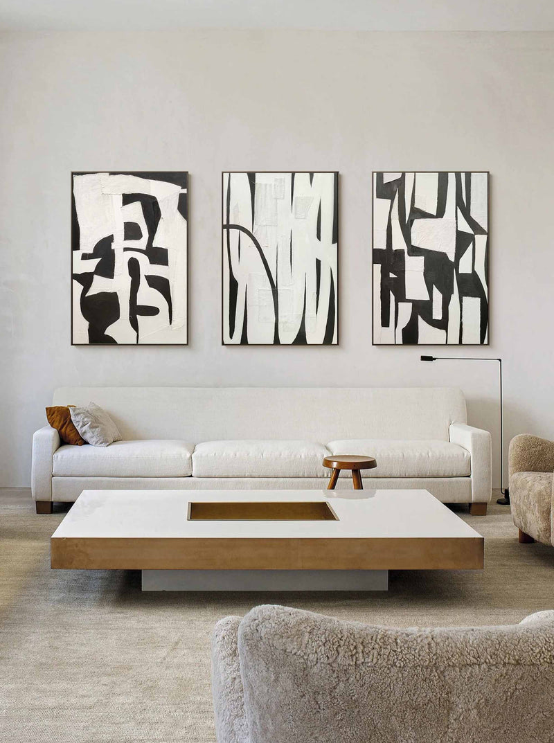 Black and White Minimalist Abstract Art Canvas Set of 3 Wabi Sabi Wall Art Minimalist Texture Painting
