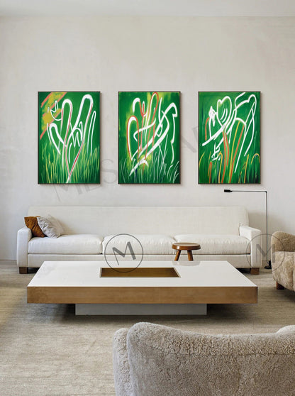 Large Modern Green Abstract Lines Canvas Paintings 3-Piece Set Green Abstract Minimalist Lines Wall Art