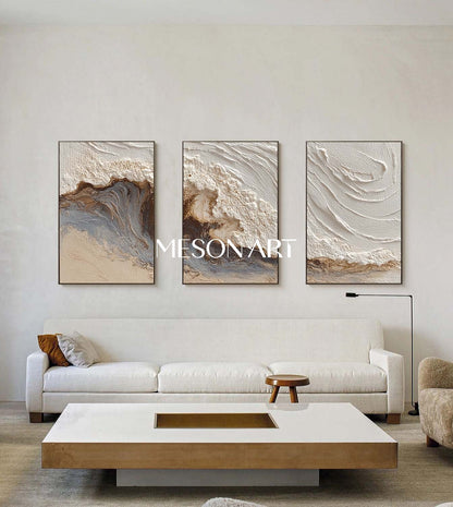 White Sea Plaster Texture Painting 3 Piece Set White Ocean Waves Abstract Canvas Wall Art Decor