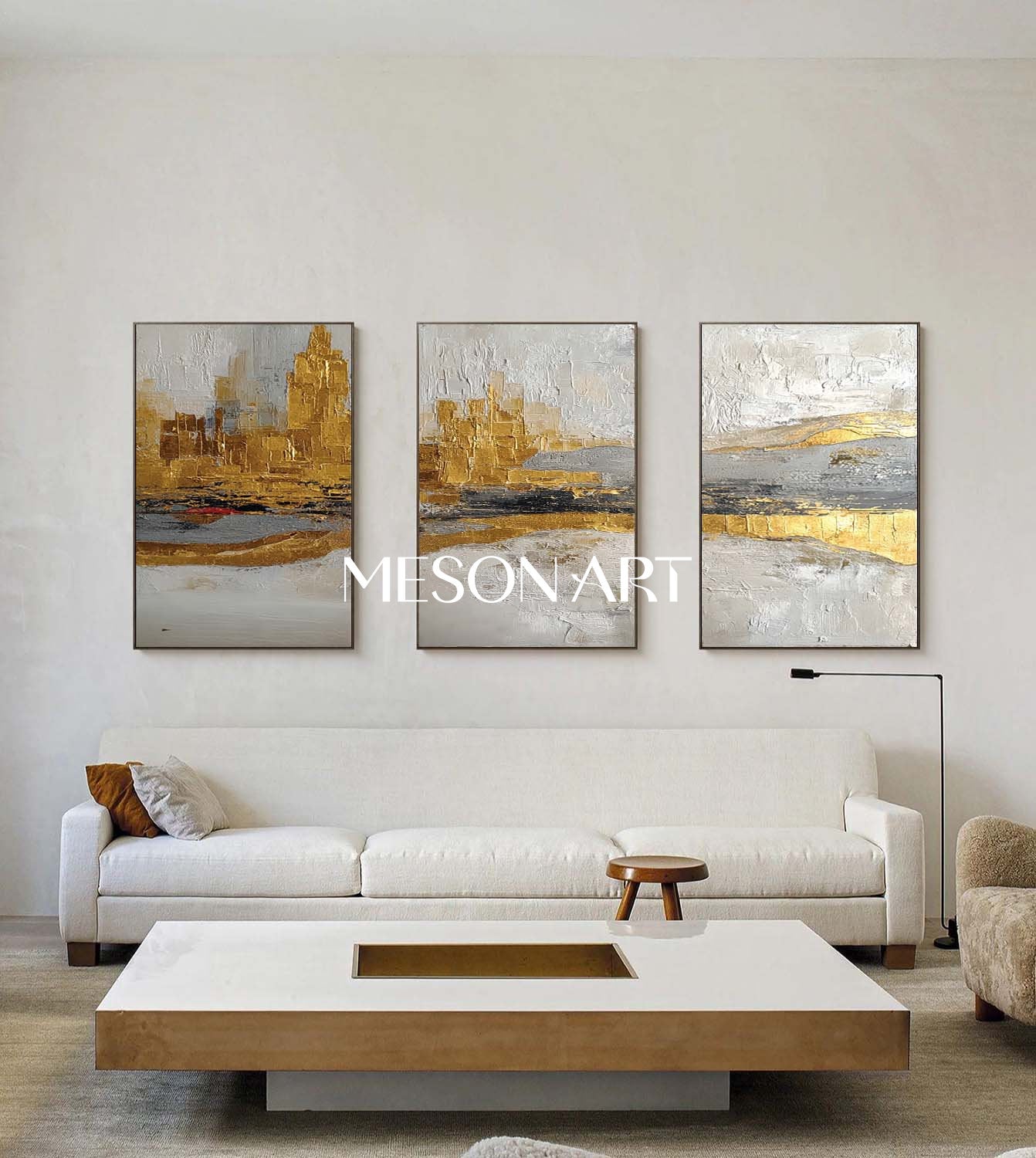 Modern Luxurious Abstract Canvas Wall Art Set Textured Gray and Golden Poainting