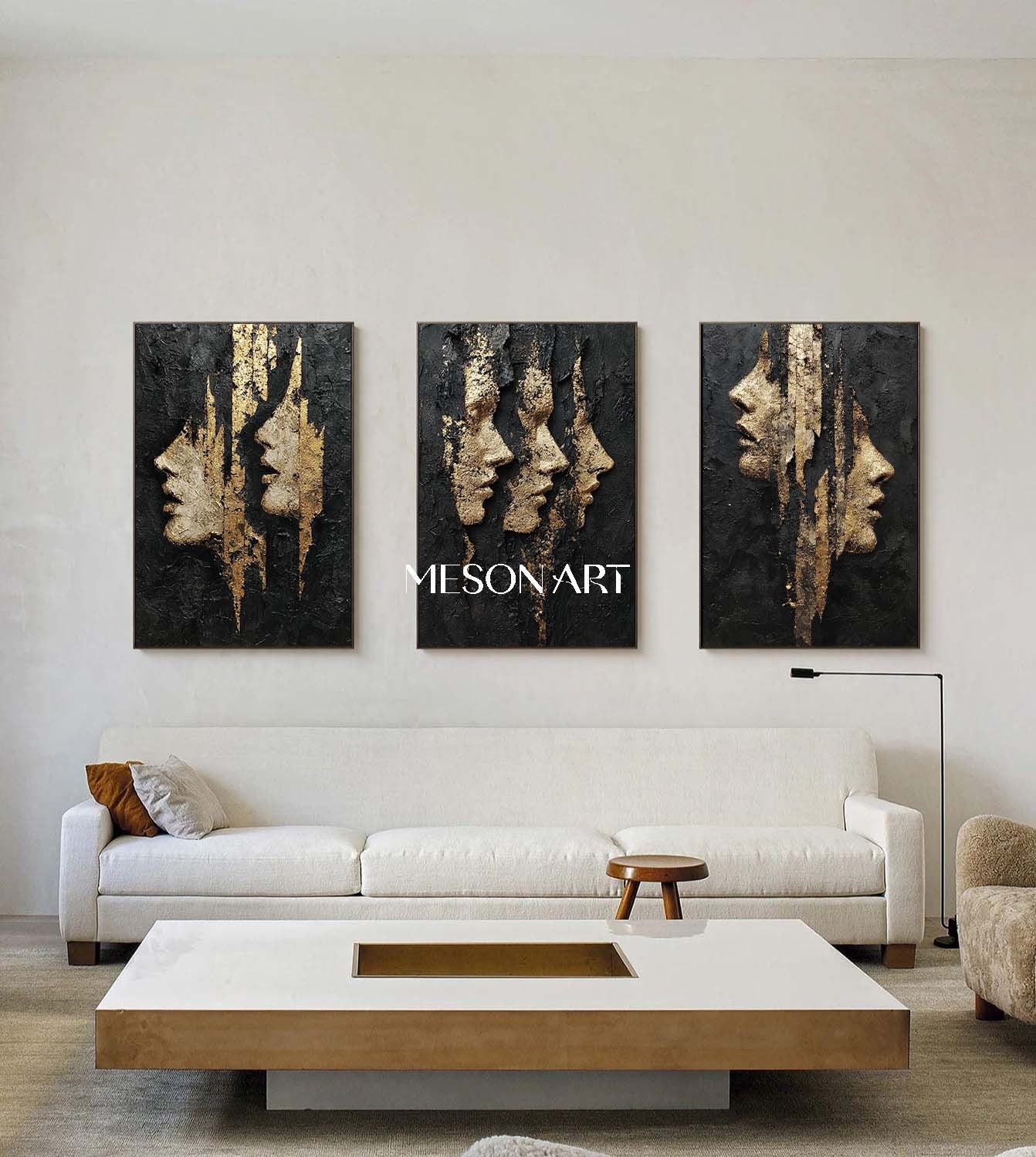 3-piece set Lady portrait wall decor ideas Black and gold abstract art Portrait texture painting