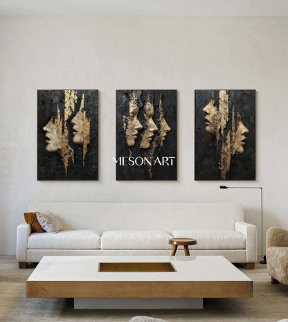 3-piece set Lady portrait wall decor ideas Black and gold abstract art Portrait texture painting