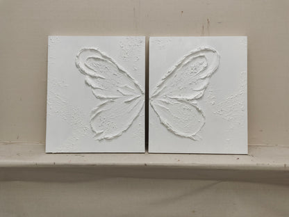 White Butterfly Texture Acrylic Canvas Painting Plaster Painting on Canvas Set of 2 Plaster Wall Art