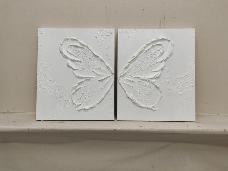 White Butterfly Texture Acrylic Canvas Painting Plaster Painting on Canvas Set of 2 Plaster Wall Art