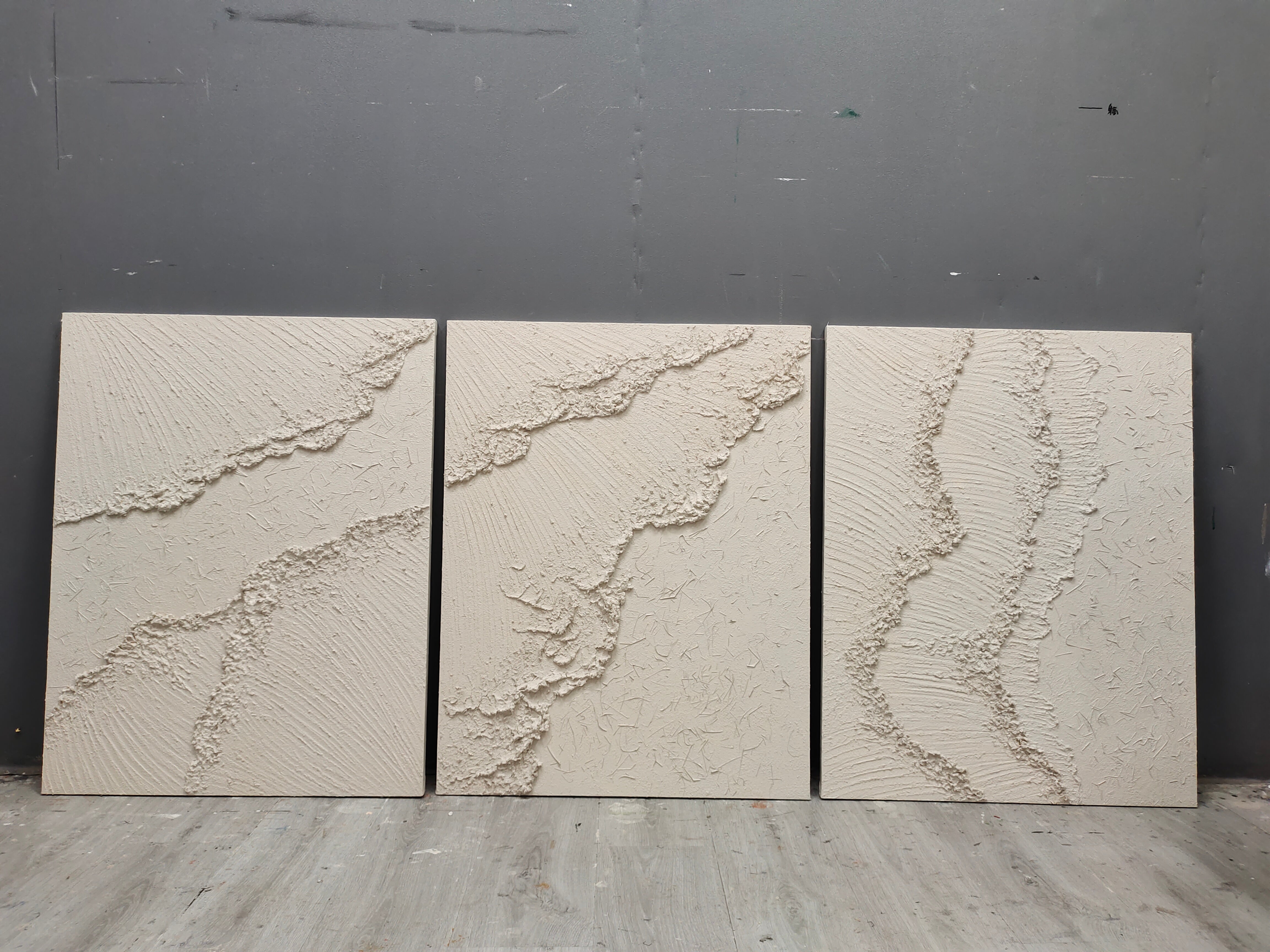 Beige Abstract Painting Set of 3 Thick Acrylic Textured Canvas Art Wabi Sabi Art Plaster Wall Art