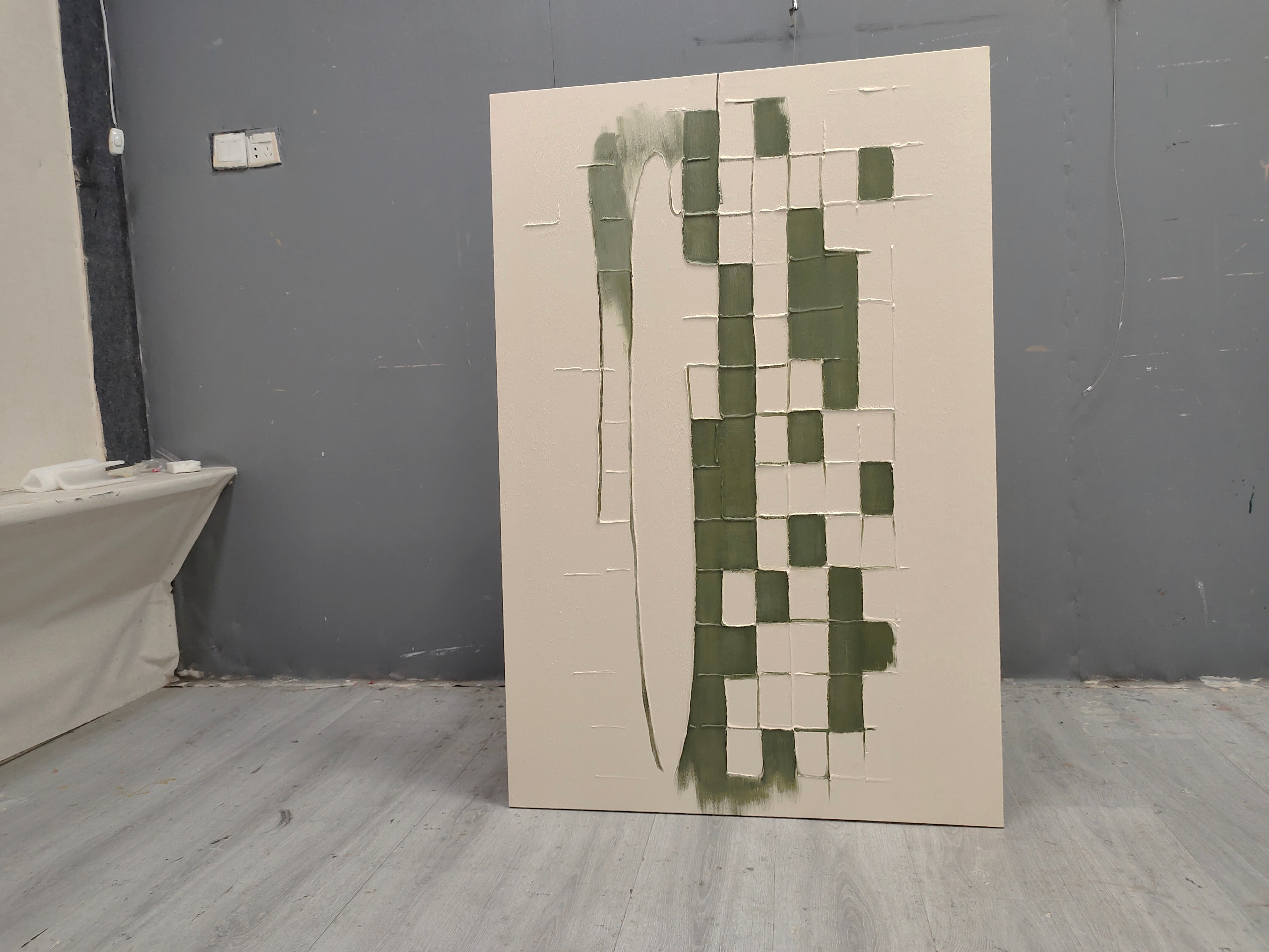 Large Beige And Green Minimalist Canvas Wall Art Wabi-Sabi Art Beige And Green Textured Painting