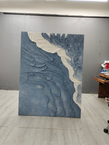 Large Blue 3D Sea Texture Painting Textured Wall Art Plaster Wall Art Mixed Media Canvas Art