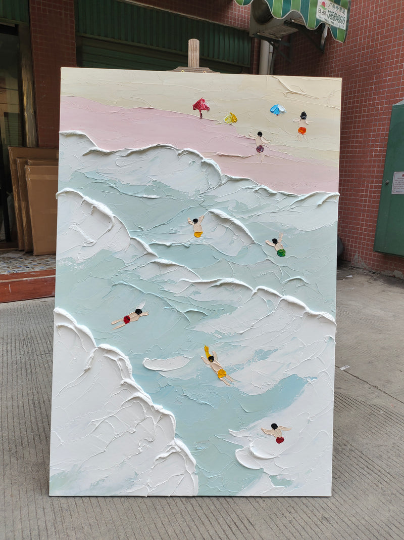Sea Swim Canvas Painting Sea Swim Texture Wall Art 3D Plaster Art Sea Landscape Art swimming painting