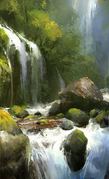 Hyperrealistic Green Stone Waterfall Landscape Art Green Stone Waterfall Landscape Canvas Wall Art