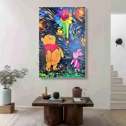 Van Gogh Starry Sky and Winnie the Pooh Abstract Graffiti Art Canvas Winnie the Pooh Pop Wall Art