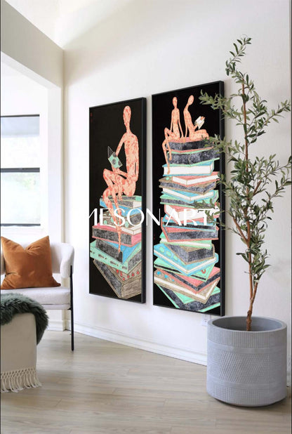Large 2-piece set of book abstract wall paintings for sale Study room abstract canvas art