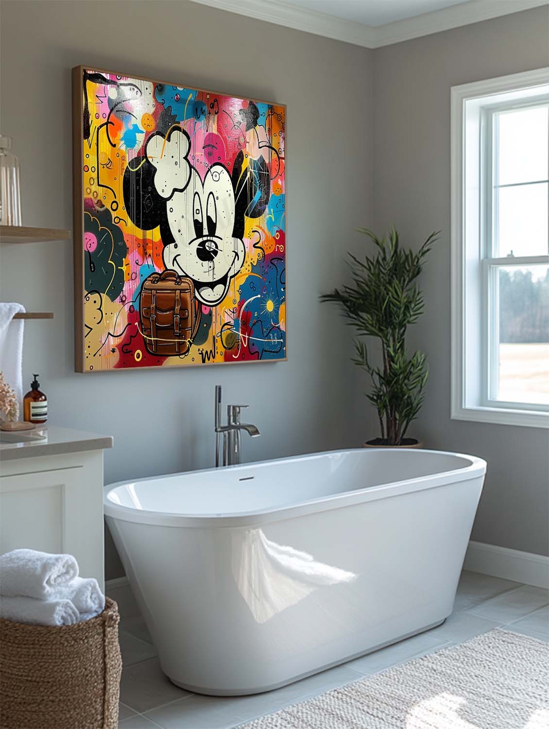 Mickey Mouse and Hermes Bag Graffiti Painting Hermes Orange Bag Canvas Wall Decor