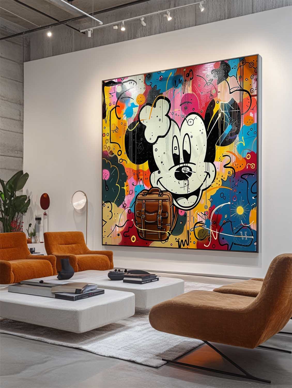 Mickey Mouse and Hermes Bag Graffiti Painting Hermes Orange Bag Canvas Wall Decor