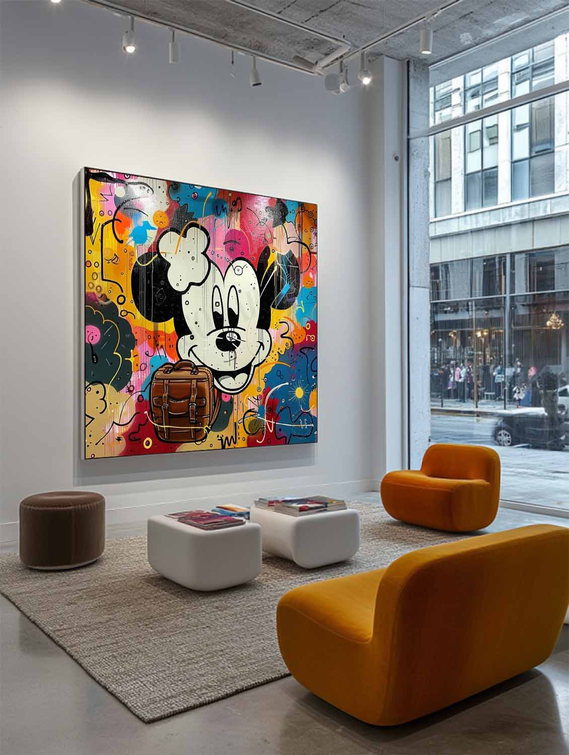 Mickey Mouse and Hermes Bag Graffiti Painting Hermes Orange Bag Canvas Wall Decor