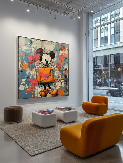 Vibrant Street Art Disney Mickey Mouse with Orange Handbag and Colorful Floral Splash Canvas Art