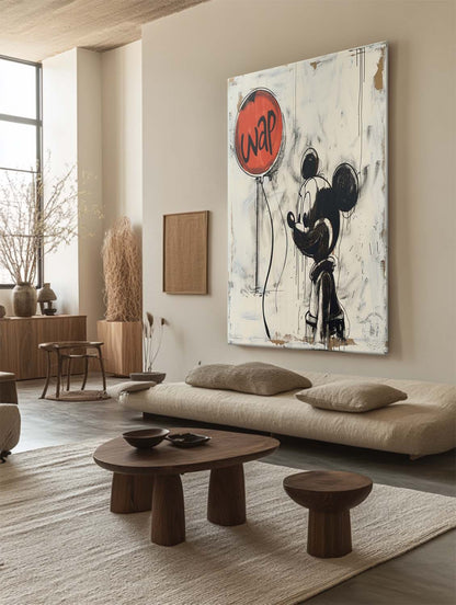 Banksy Ballon Graffiti Art Selling Disney Mickey Mouse Abstract Painting Beige and Black Wall Decor