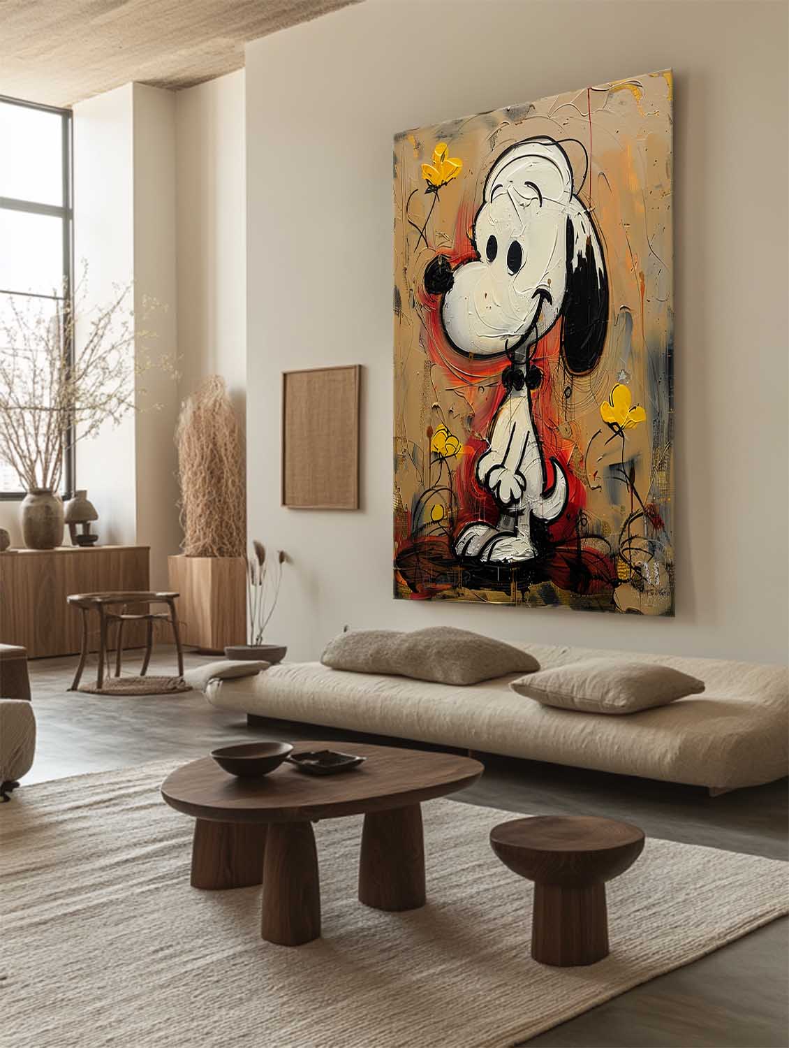 Snoopy with Yellow Flowers Graffiti Pop Canvas Large Framed Wall Art for Home and Kids Decor