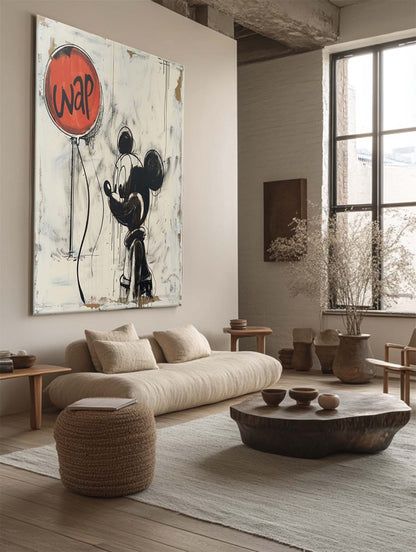 Banksy Ballon Graffiti Art Selling Disney Mickey Mouse Abstract Painting Beige and Black Wall Decor