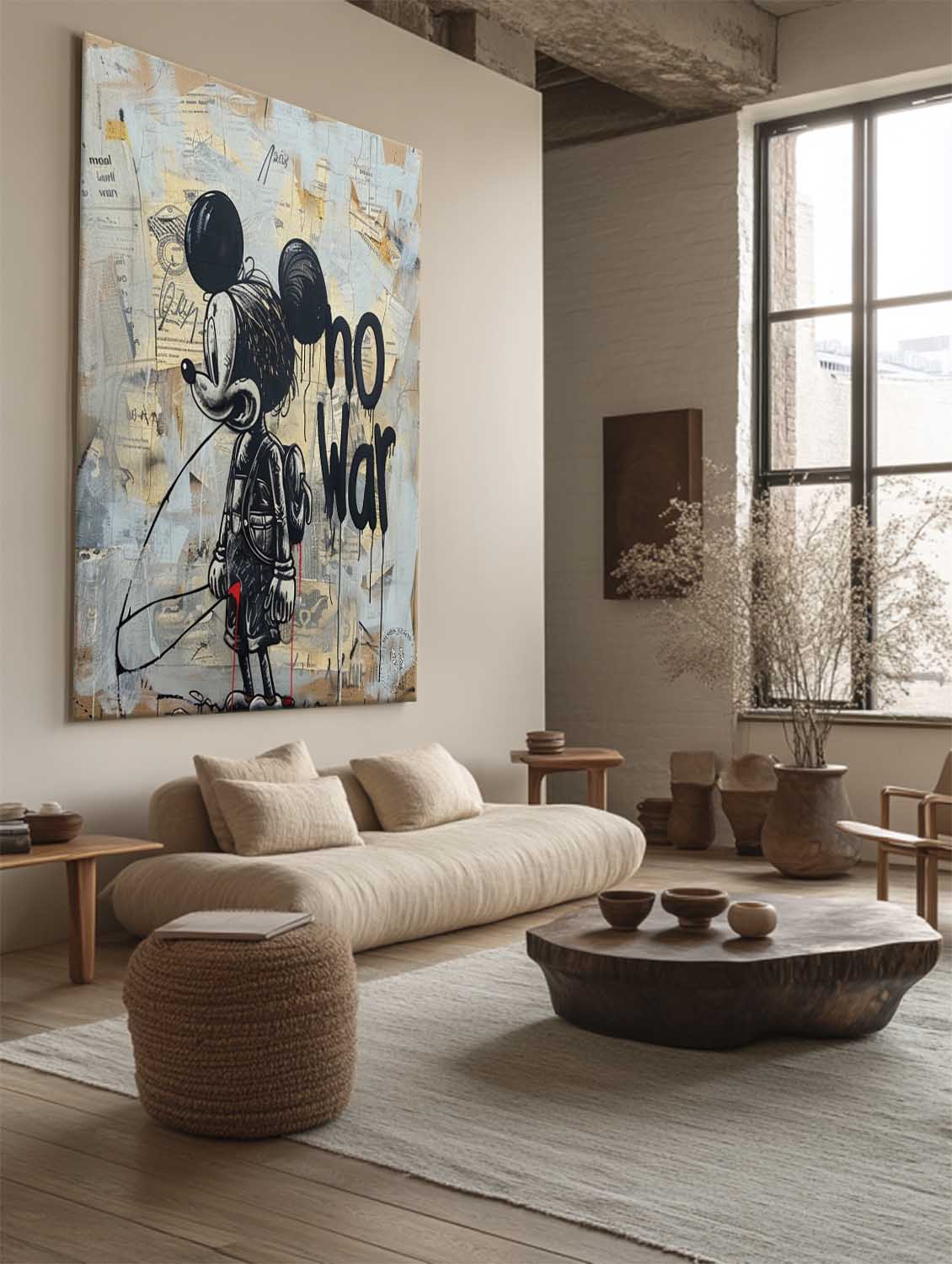 Mickey Mouse Canvas Banksy Street Art "No War" Painting with Abstract Graffiti Wall Art