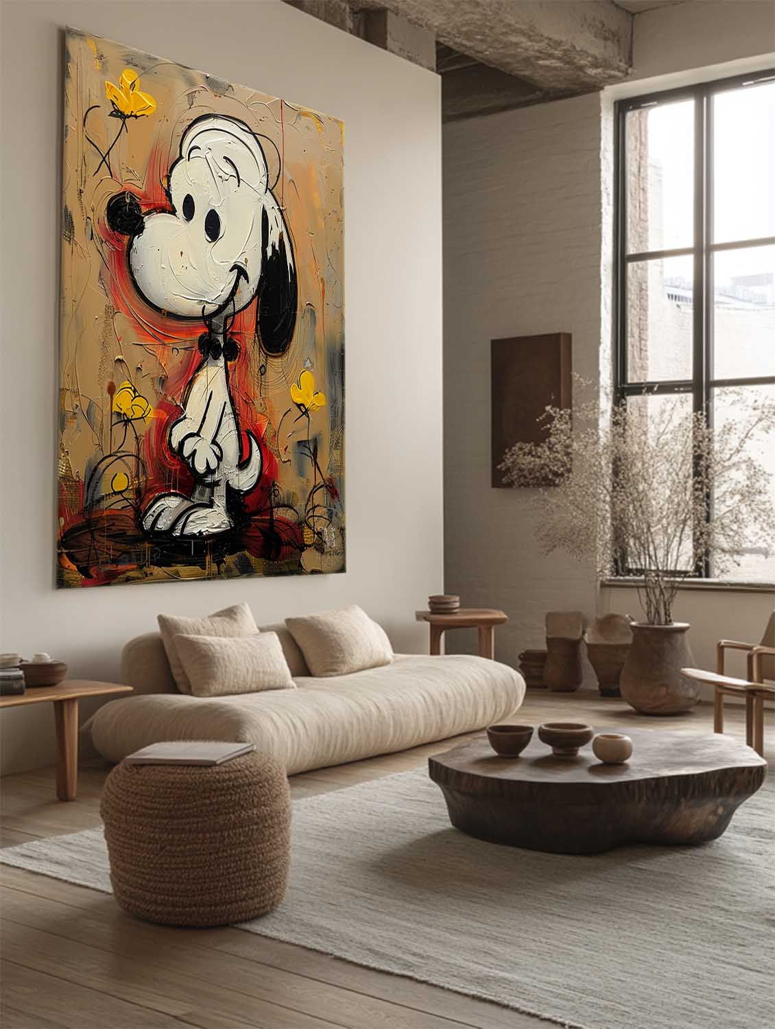 Snoopy with Yellow Flowers Graffiti Pop Canvas Large Framed Wall Art for Home and Kids Decor