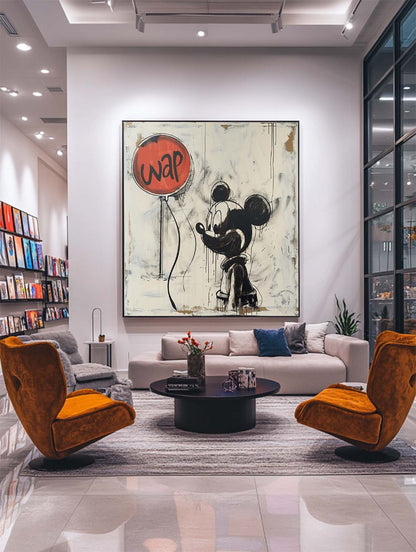 Banksy Ballon Graffiti Art Selling Disney Mickey Mouse Abstract Painting Beige and Black Wall Decor