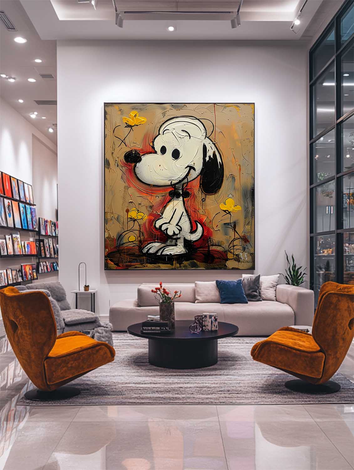 Snoopy with Yellow Flowers Graffiti Pop Canvas Large Framed Wall Art for Home and Kids Decor