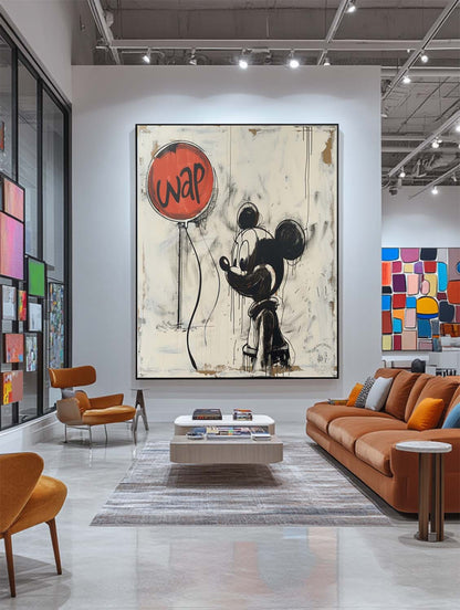 Banksy Ballon Graffiti Art Selling Disney Mickey Mouse Abstract Painting Beige and Black Wall Decor