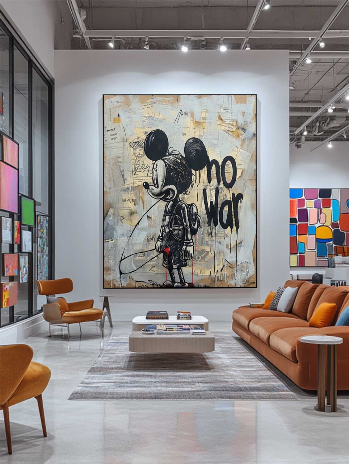 Mickey Mouse Canvas Banksy Street Art "No War" Painting with Abstract Graffiti Wall Art