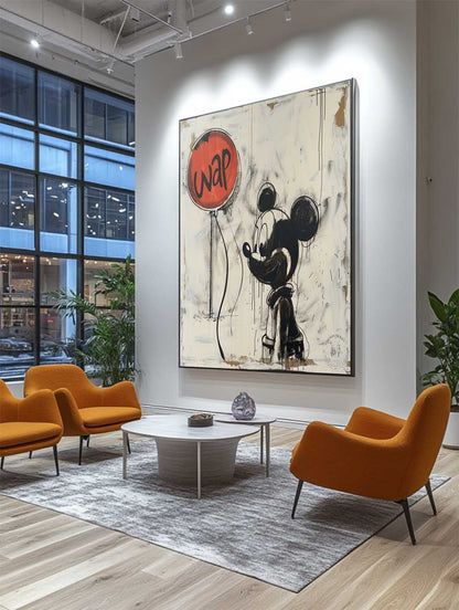 Banksy Ballon Graffiti Art Selling Disney Mickey Mouse Abstract Painting Beige and Black Wall Decor