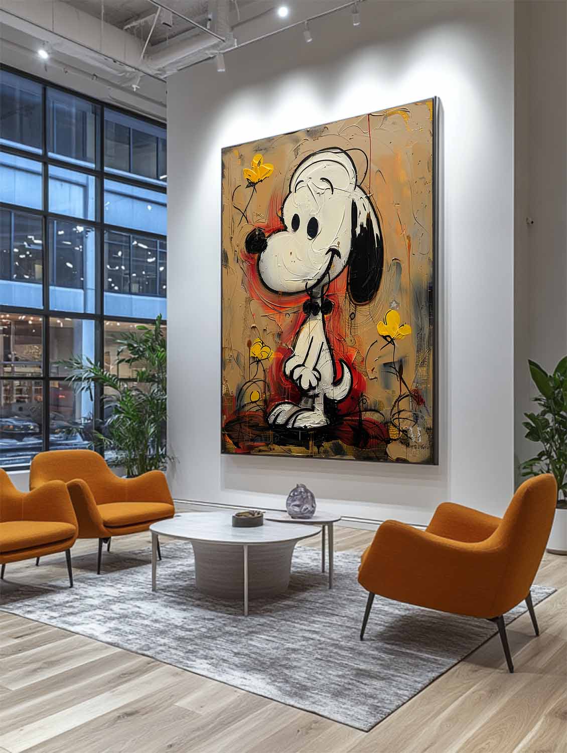 Snoopy with Yellow Flowers Graffiti Pop Canvas Large Framed Wall Art for Home and Kids Decor