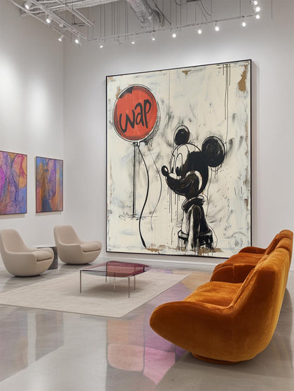 Banksy Ballon Graffiti Art Selling Disney Mickey Mouse Abstract Painting Beige and Black Wall Decor