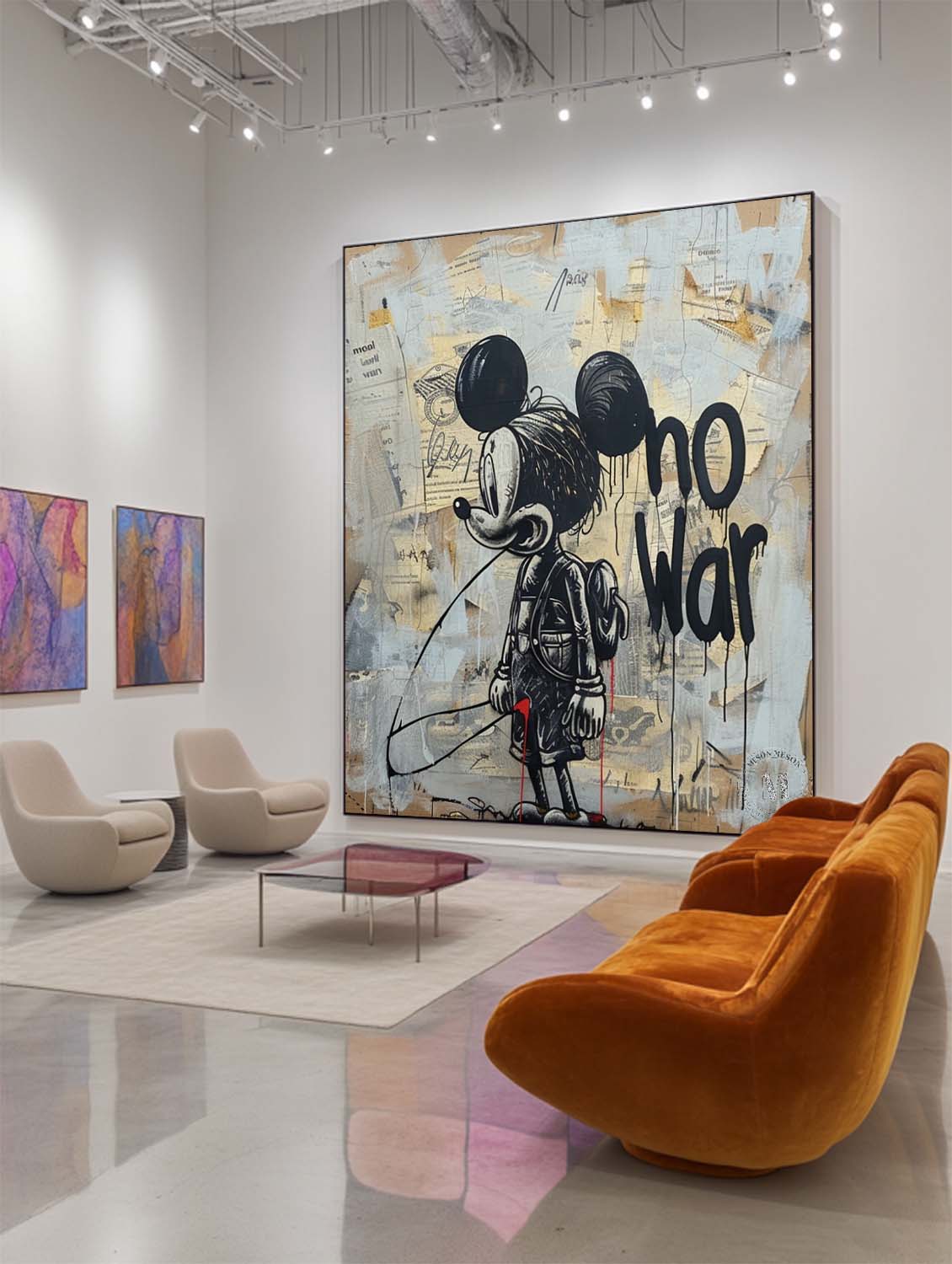 Mickey Mouse Canvas Banksy Street Art "No War" Painting with Abstract Graffiti Wall Art