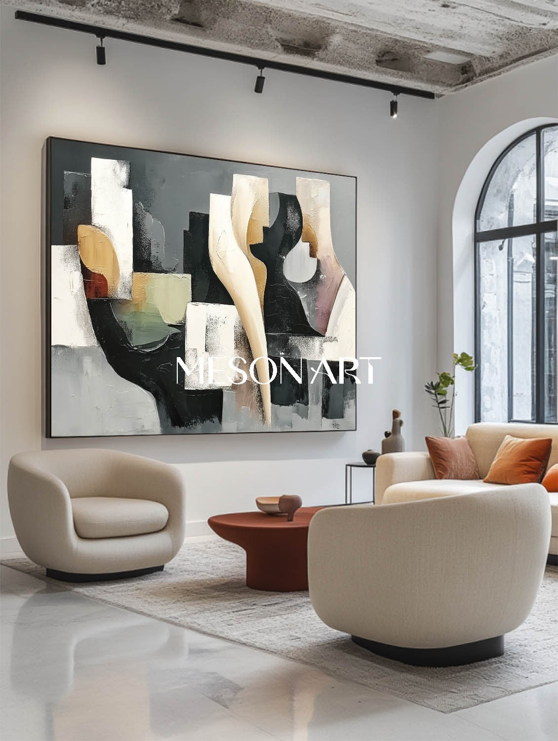 Buy Abstract Geometric Oil Painting Black White Cubist Modern Canvas