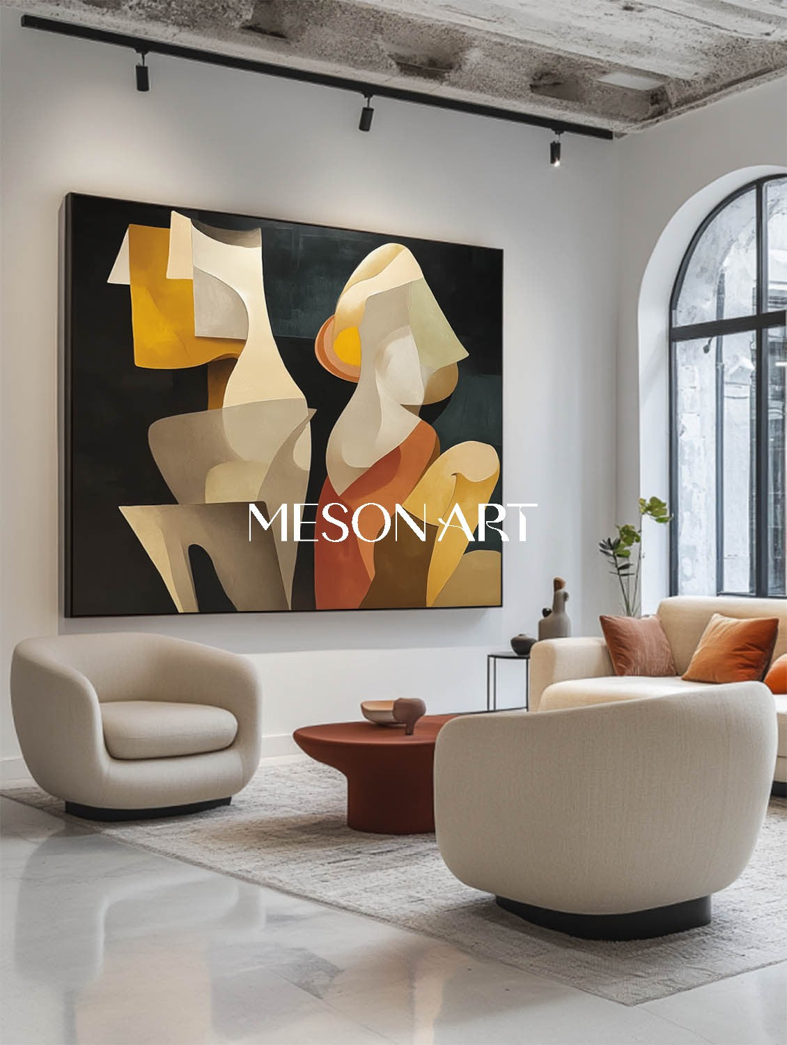 Large Black Canvas Minimalist Painting Horizontal Cubist Figure Art