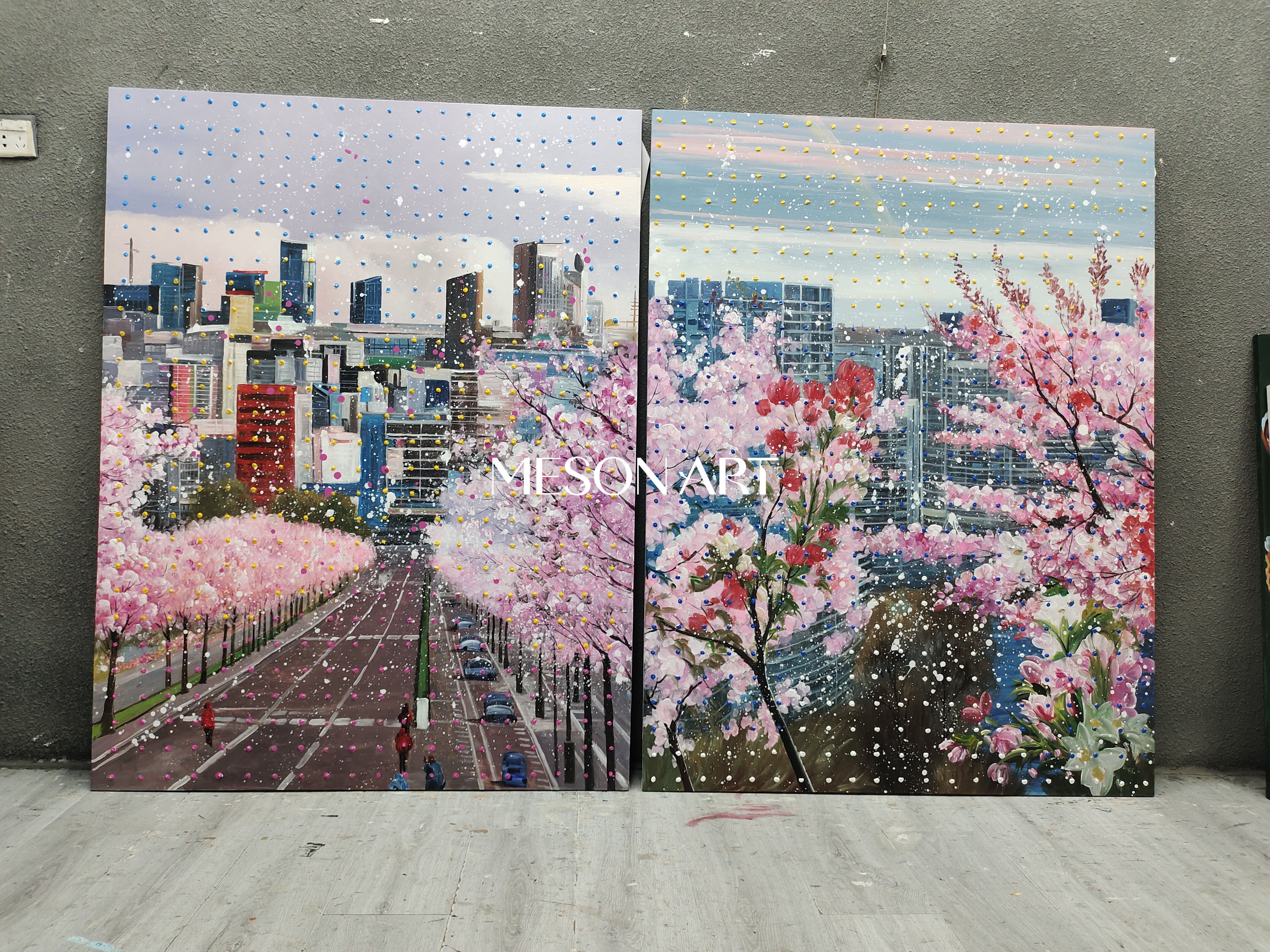 Cherry Blossom Cityscape Wall Art Modern Floral Canvas Painting