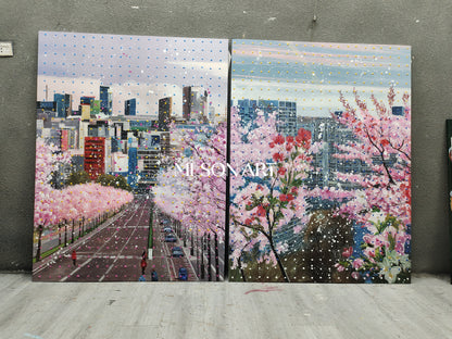 Sakura City Street Canvas Painting Contemporary Cherry Blossom Urban Wall Art