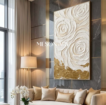 Vertical 3D White Rose Canvas Art | Gold Foil Plaster Wall Decor