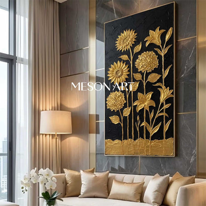 Vertical Black And Gold Sunflower Canvas Art | 3D Hydrangea Decor