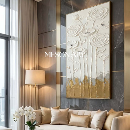 Large Plaster Floral Art on Canvas Textured Minimalist Wall Decor