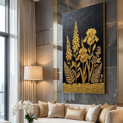 3D Textured Foxglove Iris And Fern Wall Art, Luxury Dark Forest Decor For Entryway