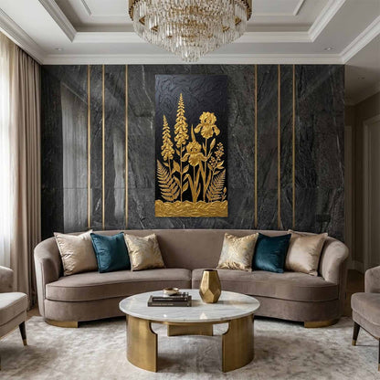 3D Textured Foxglove Iris And Fern Wall Art, Luxury Dark Forest Decor For Entryway