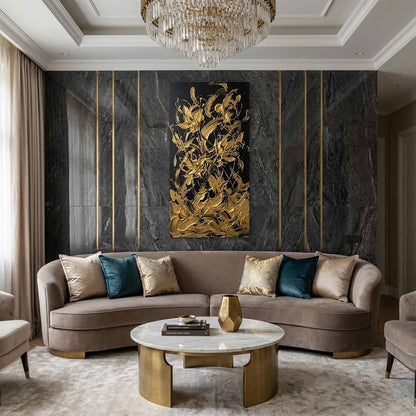3D Gold and Black Abstract Textured Painting, Abstract Floral Canvas Art