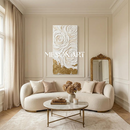 Vertical 3D White Rose Canvas Art | Gold Foil Plaster Wall Decor