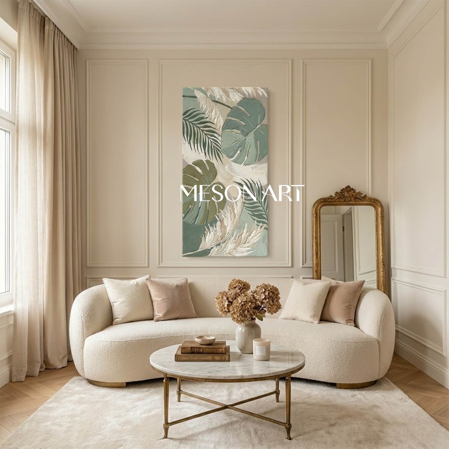 Neutral Pampas Grass Decor Large Panoramic Boho Art Impasto Botanical Painting